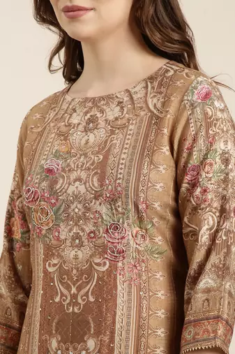 women's round neck floral beige straight kurta and trouser with dupatta