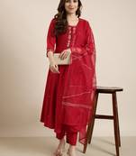 women's round neck solid zari red anarkali kurta and trouser with dupatta