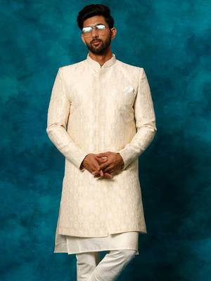 Men'S Beige Silk Blend Sherwani Only Top 1