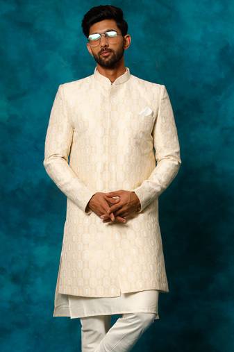 Men'S Beige Silk Blend Sherwani Only Top