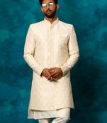 Men'S Beige Silk Blend Sherwani Only Top