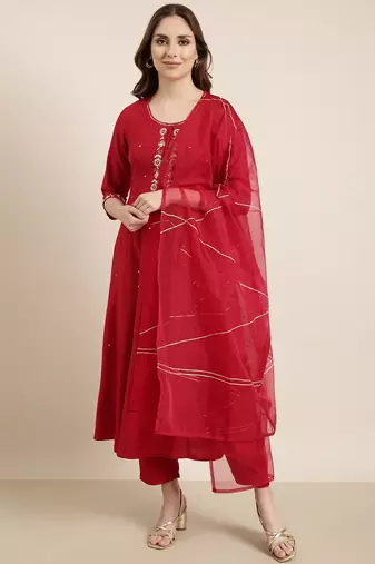 women's round neck solid zari red anarkali kurta and trouser with dupatta