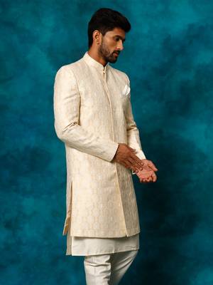 Men'S Beige Silk Blend Sherwani Only Top 2