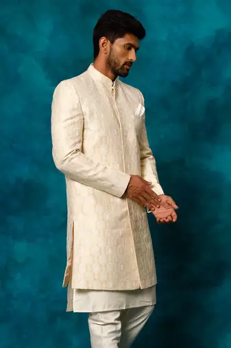 Men'S Beige Silk Blend Sherwani Only Top