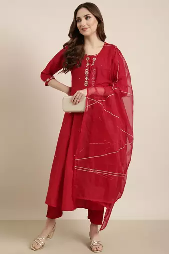 women's round neck solid zari red anarkali kurta and trouser with dupatta