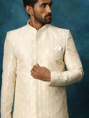 Men'S Beige Silk Blend Sherwani Only Top 4