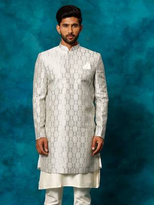 Men'S Grey Silk Blend Sherwani Only Top 1