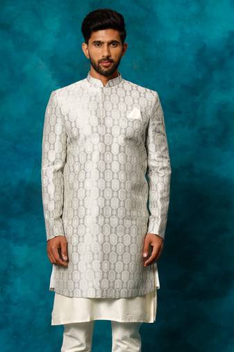 Men'S Grey Silk Blend Sherwani Only Top
