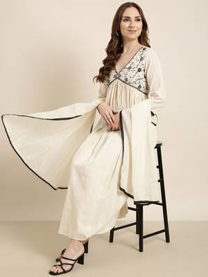 women's v-neck woven design cream anarkali kurta and trouser with dupatta 1