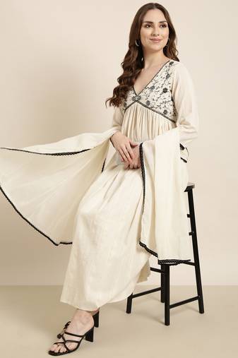women's v-neck woven design cream anarkali kurta and trouser with dupatta