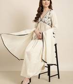 women's v-neck woven design cream anarkali kurta and trouser with dupatta