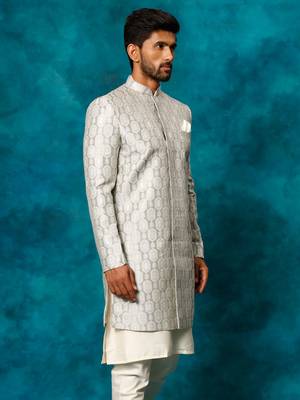 Men'S Grey Silk Blend Sherwani Only Top 2