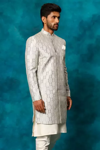 Men'S Grey Silk Blend Sherwani Only Top
