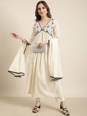 women's v-neck woven design cream anarkali kurta and trouser with dupatta 2