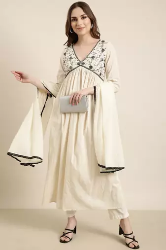 women's v-neck woven design cream anarkali kurta and trouser with dupatta