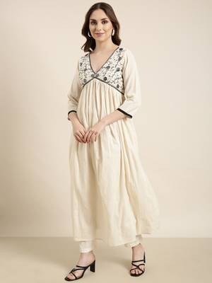 women's v-neck woven design cream anarkali kurta and trouser with dupatta 3