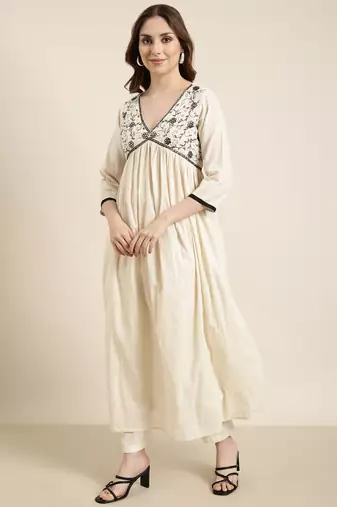 women's v-neck woven design cream anarkali kurta and trouser with dupatta