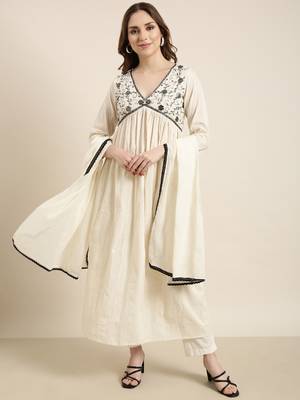 women's v-neck woven design cream anarkali kurta and trouser with dupatta 4