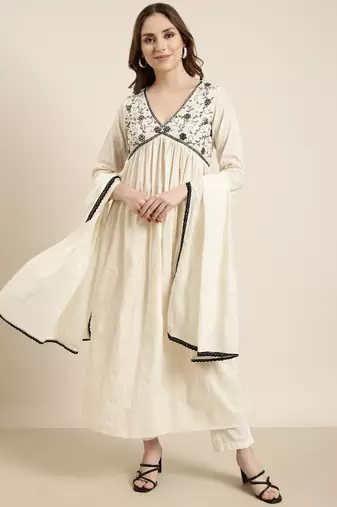 women's v-neck woven design cream anarkali kurta and trouser with dupatta