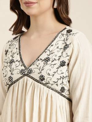 women's v-neck woven design cream anarkali kurta and trouser with dupatta 5