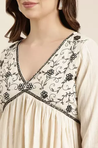 women's v-neck woven design cream anarkali kurta and trouser with dupatta