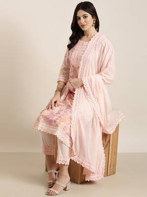Showoff women's round neck floral peach straight kurta and trouser with dupatta 1
