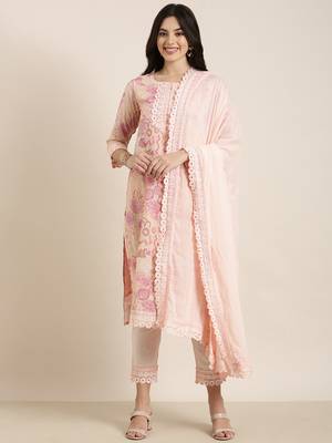 Showoff women's round neck floral peach straight kurta and trouser with dupatta 2