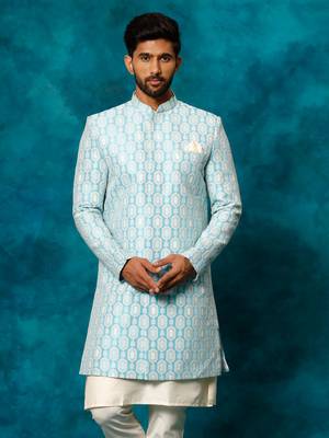 Blue and White Silk Blend Woven Work Sherwani 1