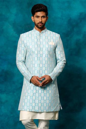 Blue and White Silk Blend Woven Work Sherwani