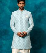 Blue and White Silk Blend Woven Work Sherwani