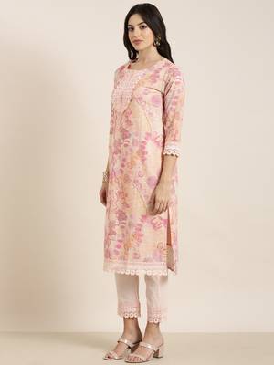 Showoff women's round neck floral peach straight kurta and trouser with dupatta 3