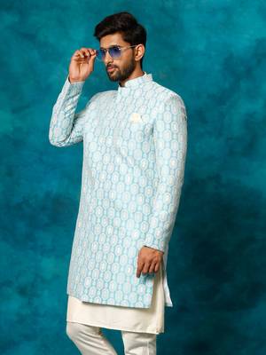 Blue and White Silk Blend Woven Work Sherwani 2