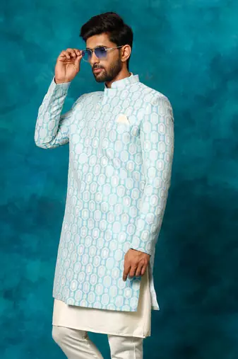 Blue and White Silk Blend Woven Work Sherwani