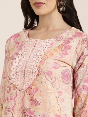 Showoff women's round neck floral peach straight kurta and trouser with dupatta 5