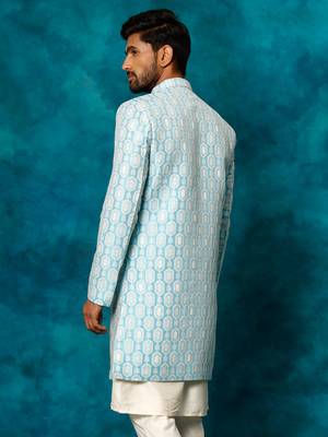 Blue and White Silk Blend Woven Work Sherwani 3