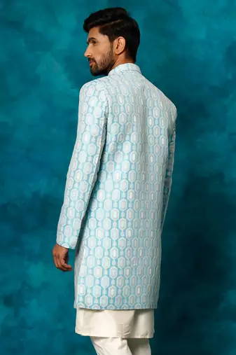 Blue and White Silk Blend Woven Work Sherwani