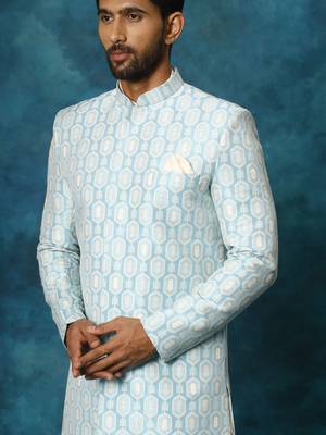 Blue and White Silk Blend Woven Work Sherwani 4