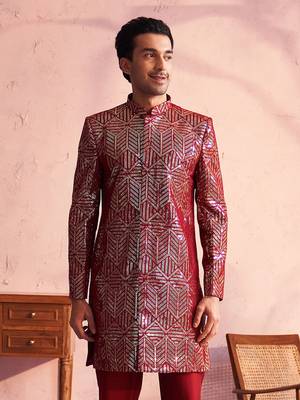 Men'S Maroon Georgette Sherwani Only Top 1