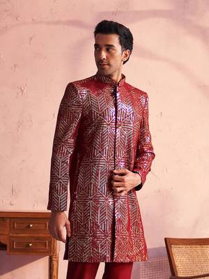 Men'S Maroon Georgette Sherwani Only Top 2
