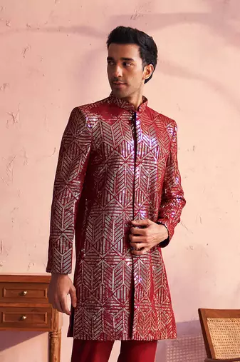Men'S Maroon Georgette Sherwani Only Top