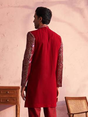 Men'S Maroon Georgette Sherwani Only Top 3