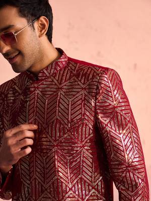 Men'S Maroon Georgette Sherwani Only Top 4