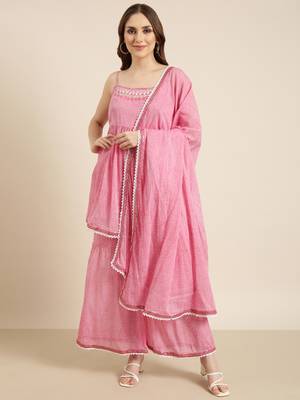 women's shoulder straps floral pink anarkali kurta and sharara with dupatta 2