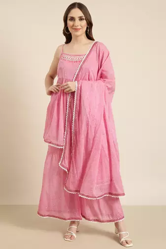 women's shoulder straps floral pink anarkali kurta and sharara with dupatta