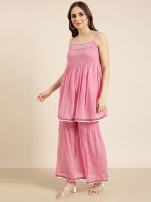 women's shoulder straps floral pink anarkali kurta and sharara with dupatta 3