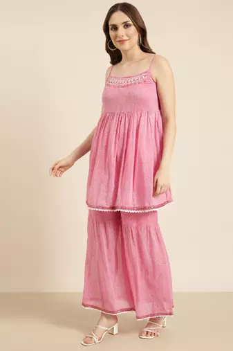 women's shoulder straps floral pink anarkali kurta and sharara with dupatta