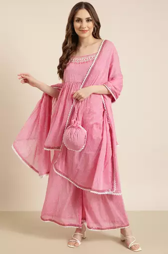 women's shoulder straps floral pink anarkali kurta and sharara with dupatta