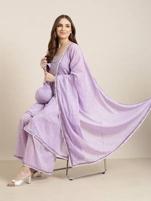 women's shoulder straps floral lavender anarkali kurta and sharara with dupatta 1