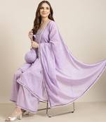 women's shoulder straps floral lavender anarkali kurta and sharara with dupatta