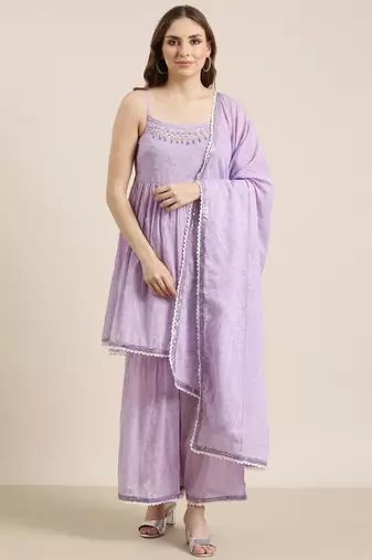 women's shoulder straps floral lavender anarkali kurta and sharara with dupatta